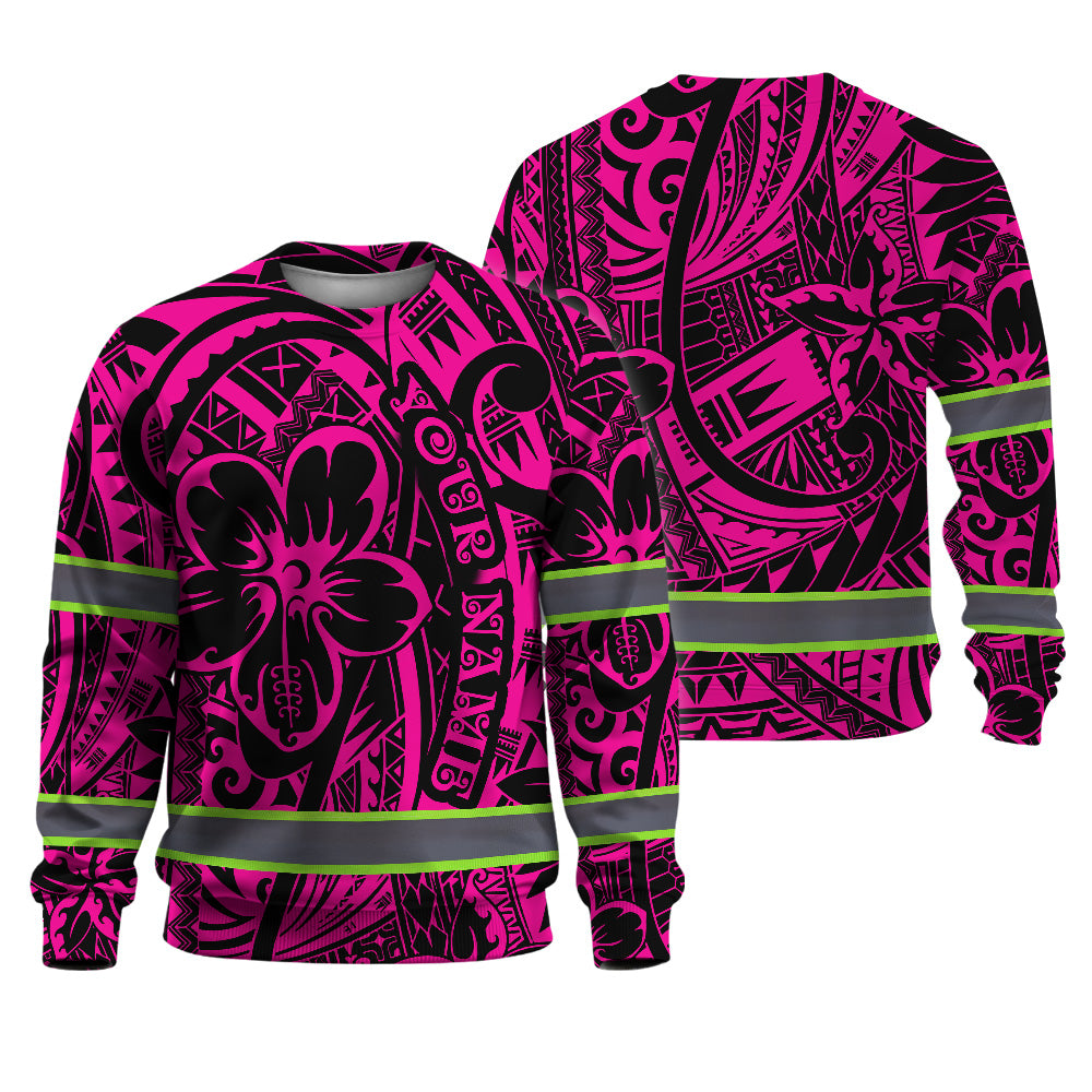 Hi Vis Long Sleeve Shirt Shirt Reflective Tapes Pink Flower Hawaiian Polynesian Tribal Custom Name Safety Workwear For Workers, Runners, Cyclists