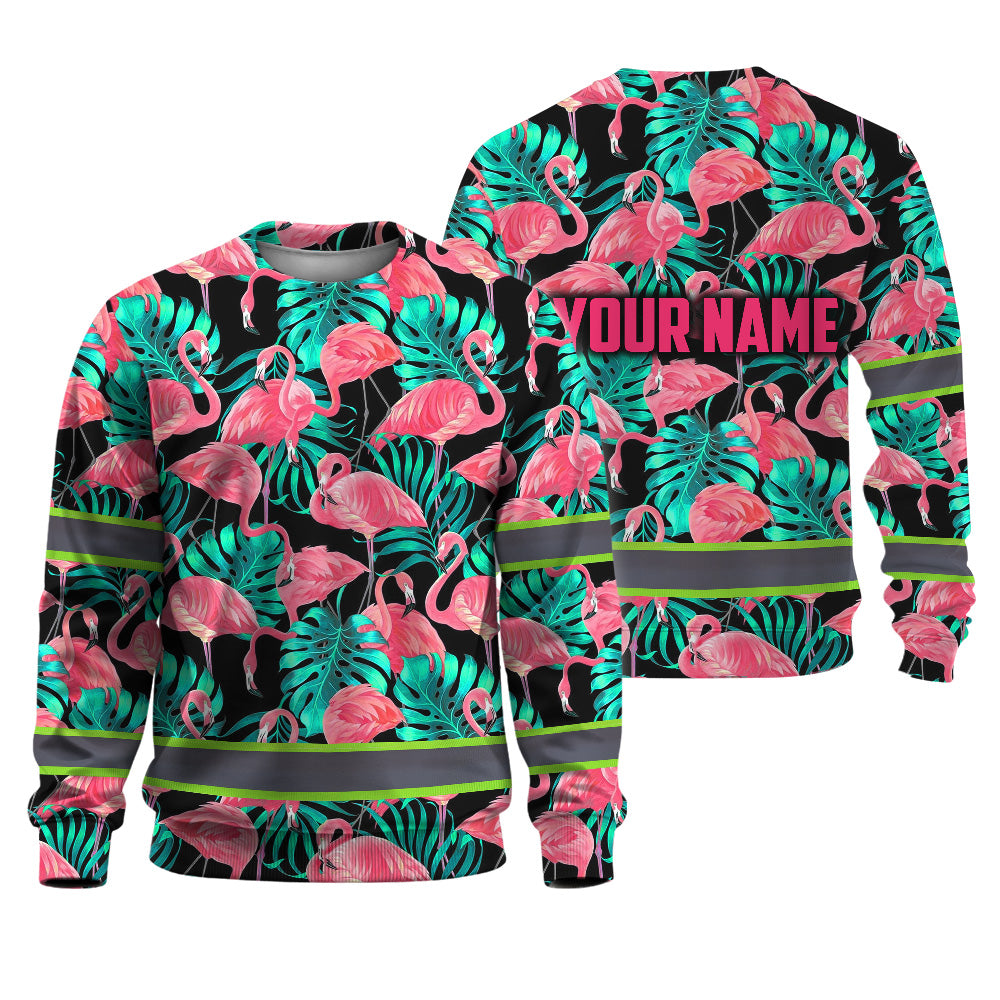 Hi Vis Long Sleeve Shirt Reflective Tapes Pink Flamingo Flower Hawaiian Custom Name Safety Workwear For Woman