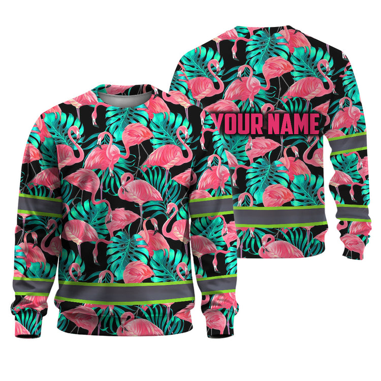 Pink Flamingo Flower Hawaiian Hi-Vis Long Sleeve Shirt