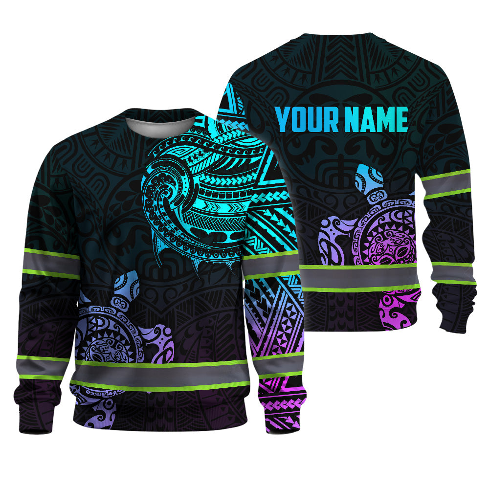 Hi Vis Long Sleeve Shirt Reflective Gradient Polynesian Turtle Hawaiian Custom Name