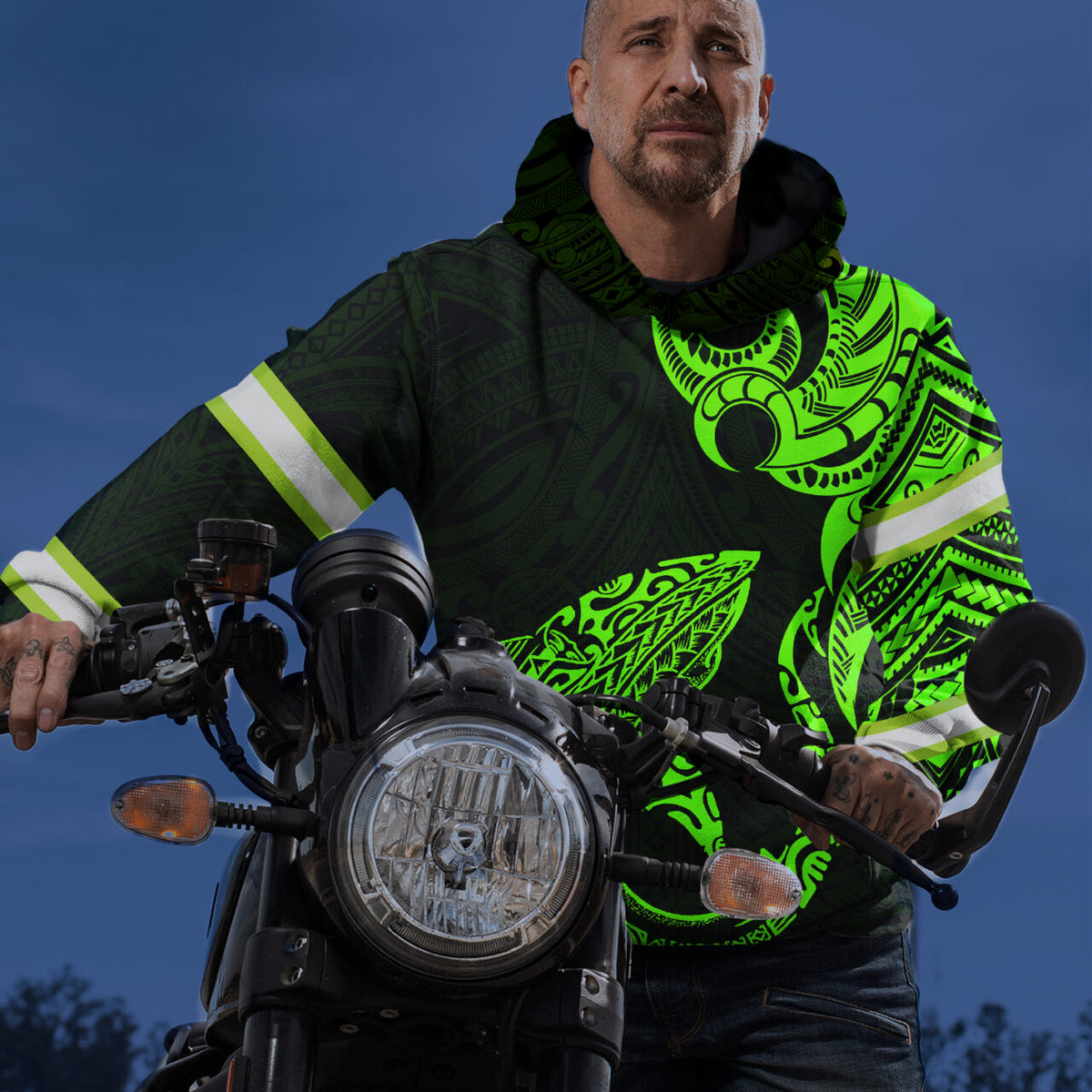 Hi Vis Hoodie Reflective Tapes Green Shark Hawaiian Polynesian Tribal Custom Name Safety Workwear For Workers, Runners, Cyclists