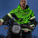Hi Vis Hoodie Reflective Tapes Green Turtle Flower Hawaiian Polynesian Tribal Custom Name Safety Workwear For Workers, Runners, Cyclists