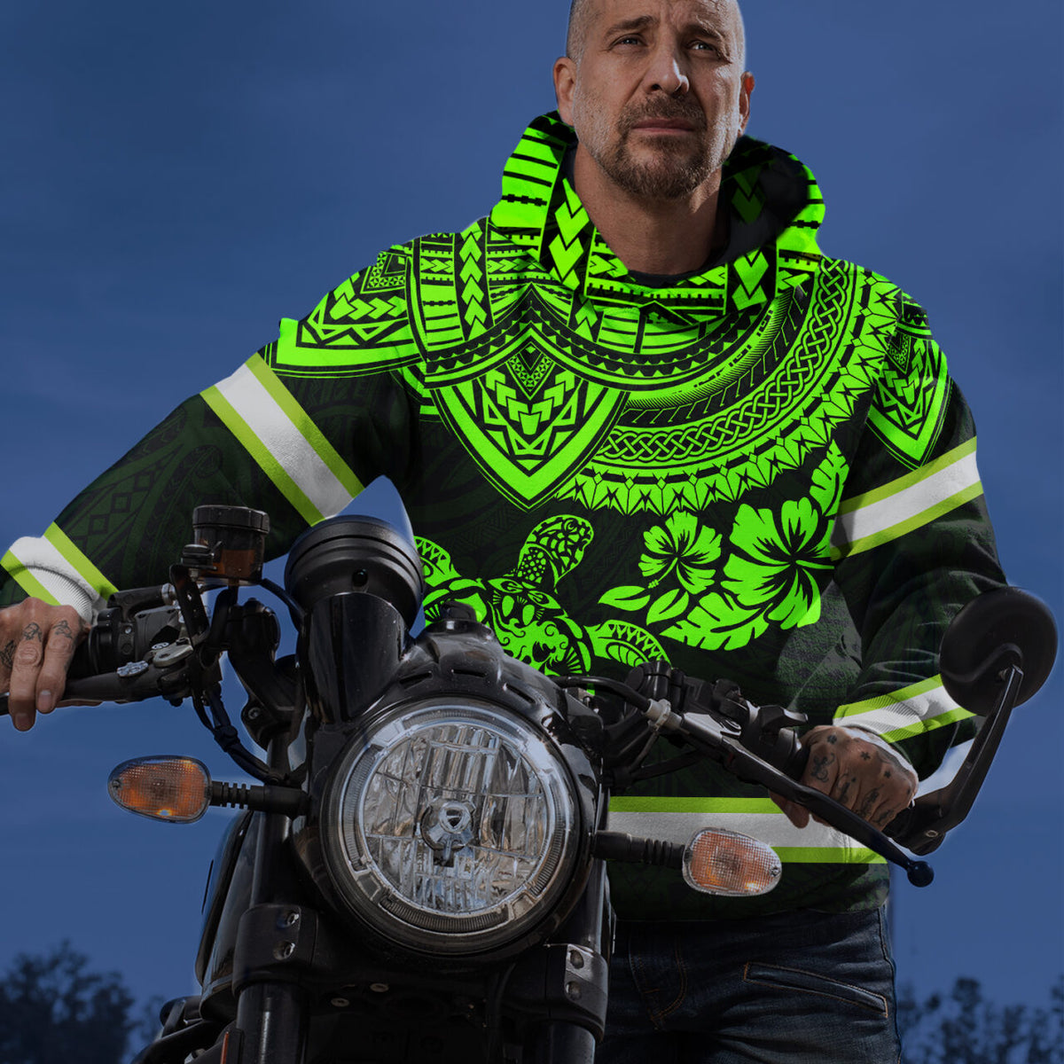 Hi Vis Hoodie Reflective Tapes Green Turtle Flower Hawaiian Polynesian Tribal Custom Name Safety Workwear For Workers, Runners, Cyclists