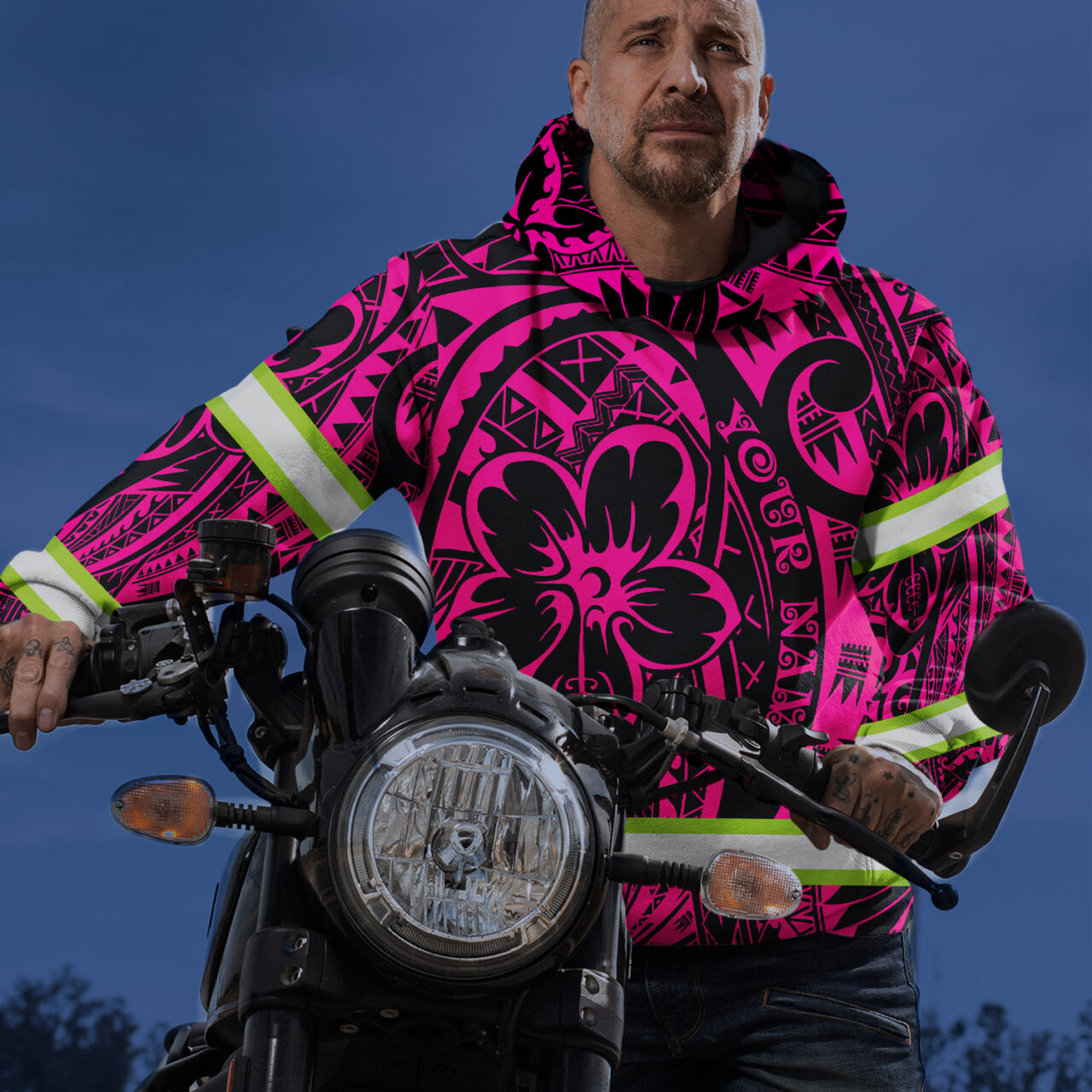 Hi Vis Hoodie Reflective Tapes Pink Flower Hawaiian Polynesian Tribal Custom Name Safety Workwear For Workers, Runners, Cyclists