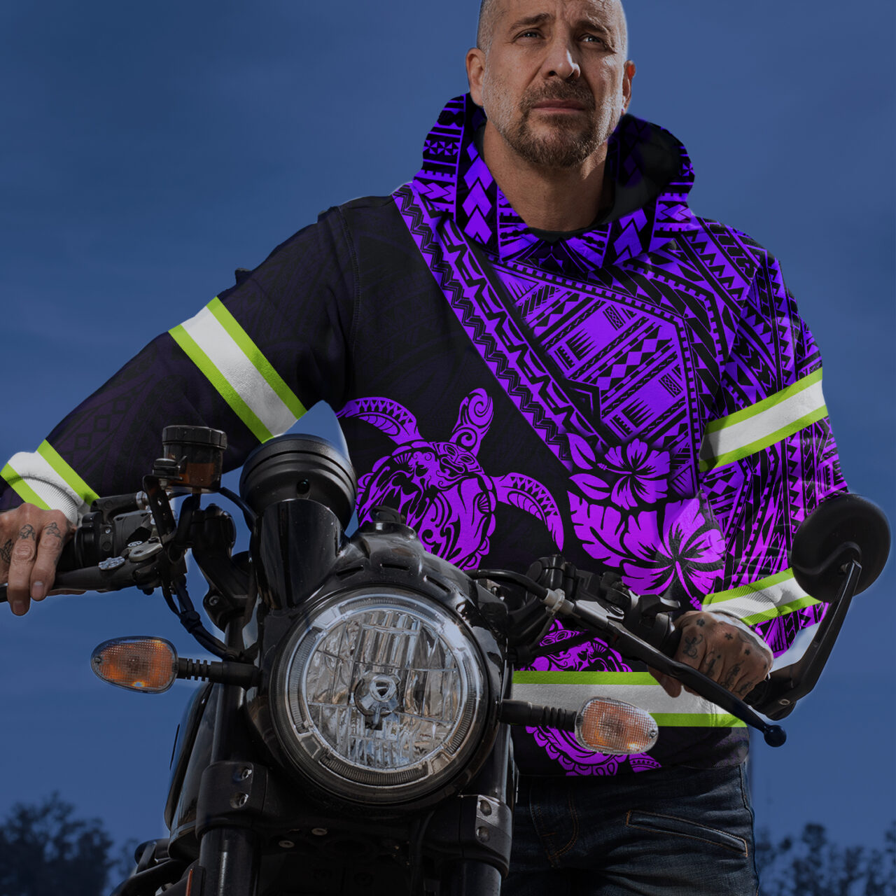 Hi Vis Hoodie Reflective Tapes Violet Couple Turtle Flower Hawaiian Polynesian Tribal Custom Name Safety Workwear For Workers, Runners, Cyclists
