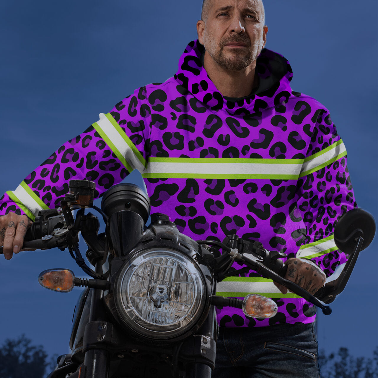 Hi Vis Hoodie Reflective Tapes Violet Leopard Safety Workwear For Workers, Runners, Cyclists