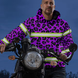 Hi Vis Hoodie Reflective Tapes Violet Leopard Safety Workwear For Workers, Runners, Cyclists