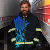 Hi Vis Zip Hoodie Reflective Blue Neon Sun And Turtle Hawaii Polynesian Custom Name Safety Workwear For Workers, Runners, Cyclists, Patriotic