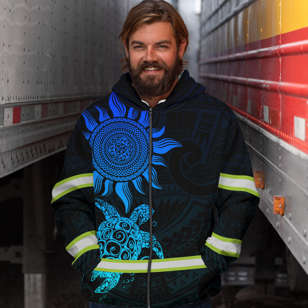Hi Vis Zip Hoodie Reflective Blue Neon Sun And Turtle Hawaii Polynesian Custom Name Safety Workwear For Workers, Runners, Cyclists, Patriotic