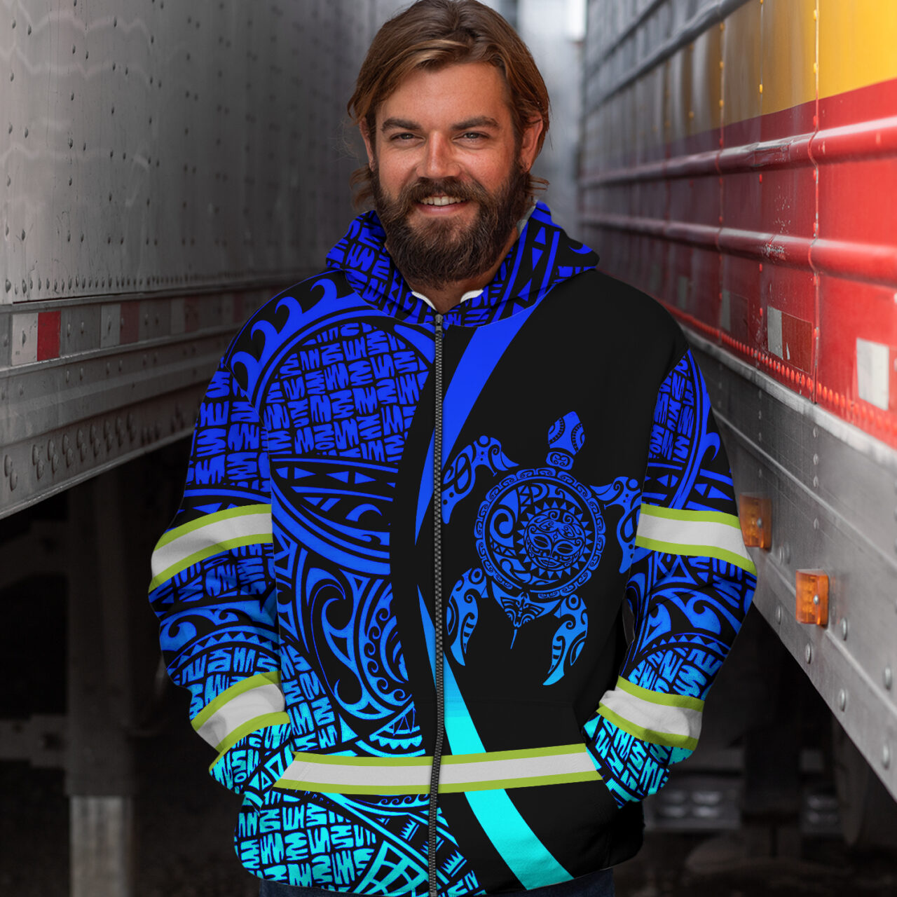 Hi Vis Zip Hoodie Reflective Blue Neon Turtle Gradient Hawaii Polynesian Custom Name Safety Workwear For Workers, Runners, Cyclists, Patriotic