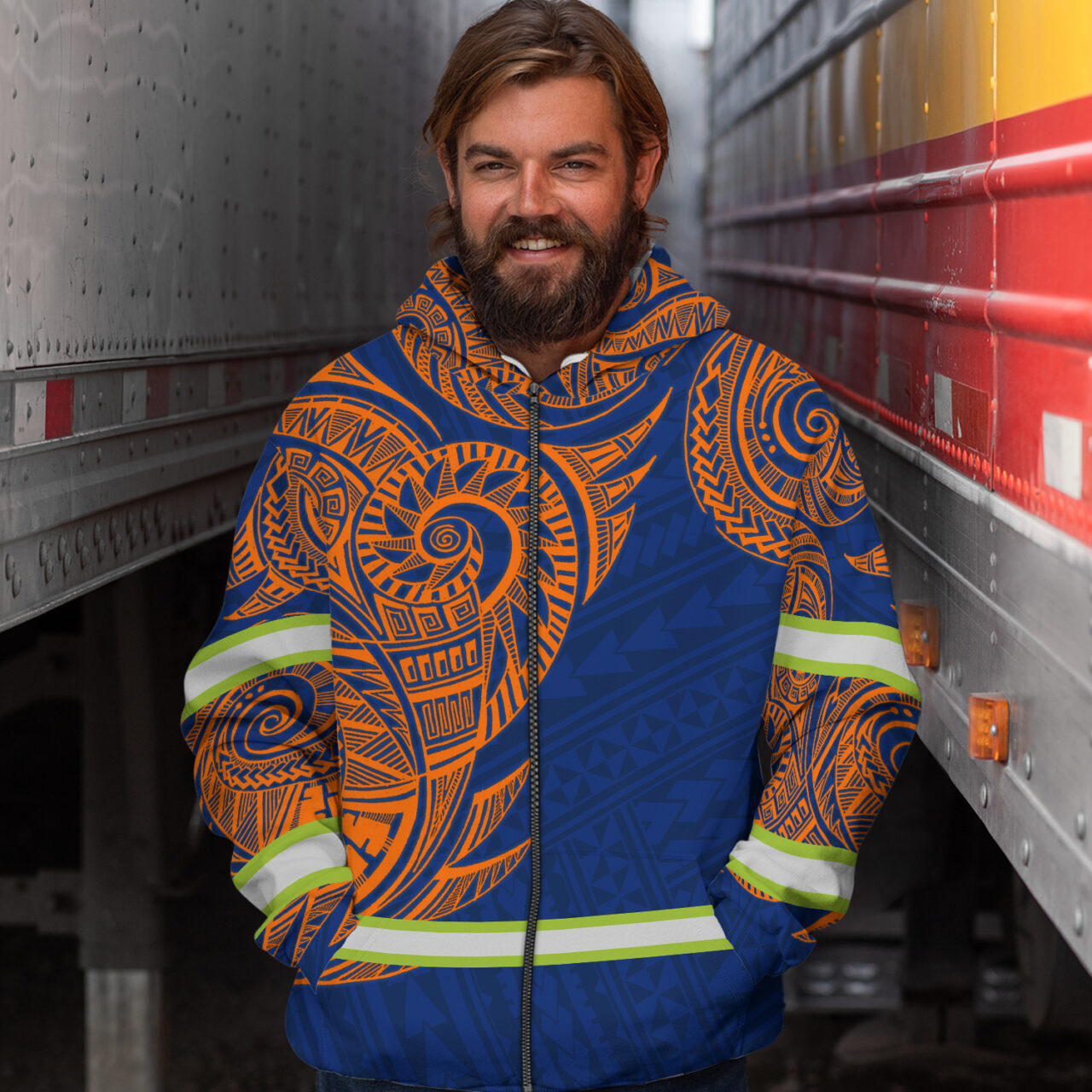 Hi Vis Zip Hoodie  Reflective Blue Orange Neon Hawaii Polynesian Custom Name Safety Workwear For Workers, Runners, Cyclists, Patriotic