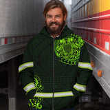 Hi Vis Zip Hoodie  Reflective Green Neon Turtle 2 Hawaii Polynesian Custom Name Safety Workwear For Workers, Runners, Cyclists, Patriotic