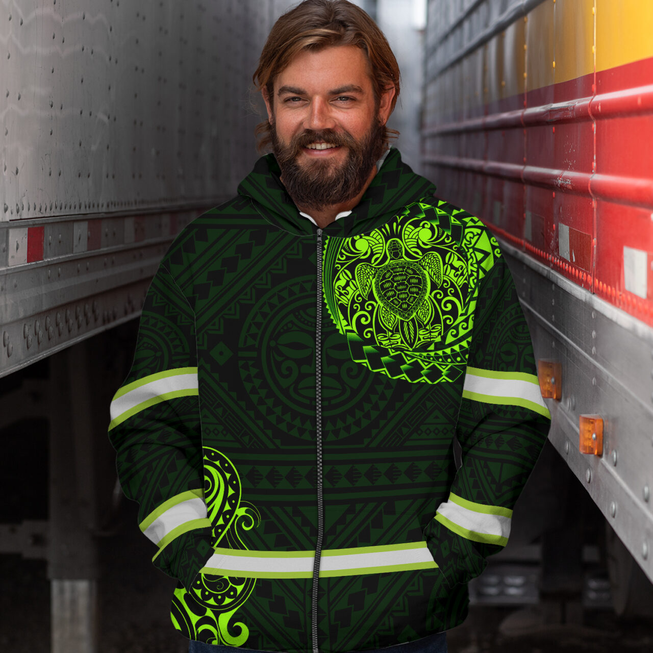 Hi Vis Zip Hoodie  Reflective Green Neon Turtle 2 Hawaii Polynesian Custom Name Safety Workwear For Workers, Runners, Cyclists, Patriotic