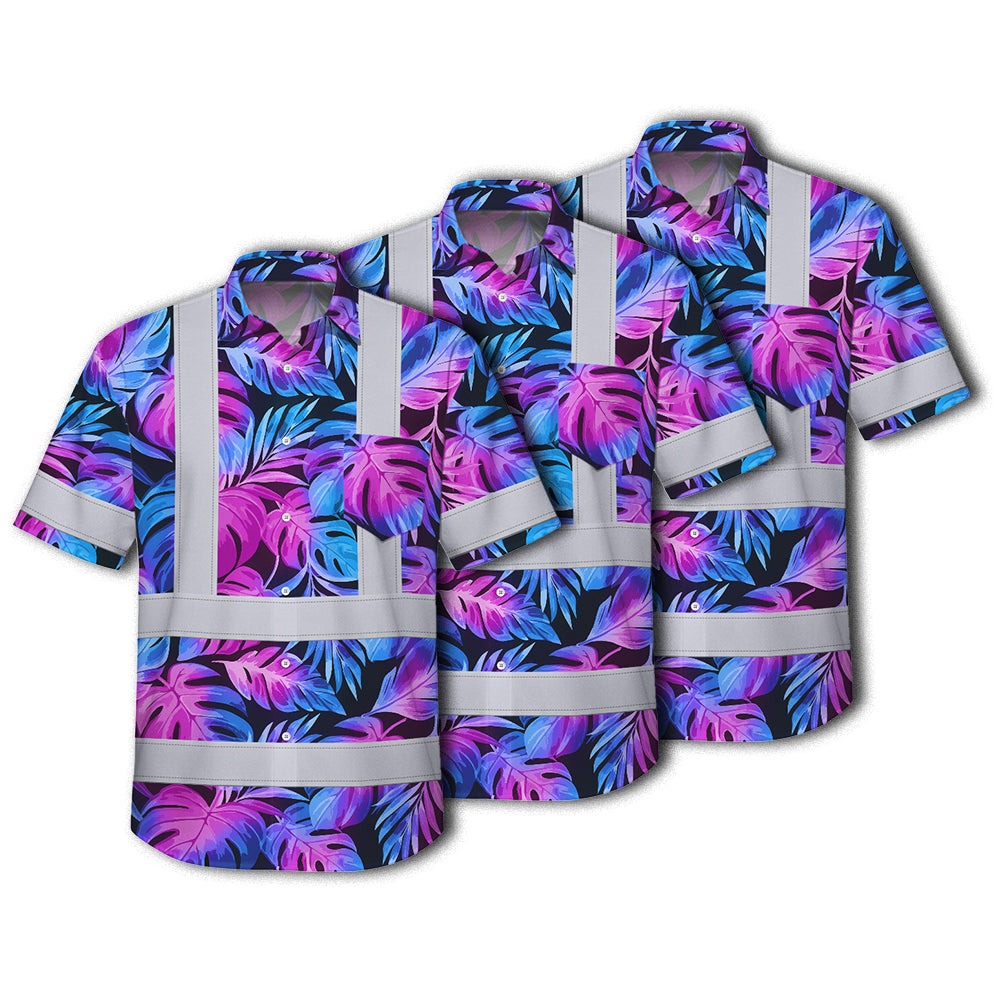 Choose Pack Hi Vis Hawaiian Shirt Reflective Tapes Gradient Blue Violet Custom Name Safety Workwear For Workers, Truckers, Operators