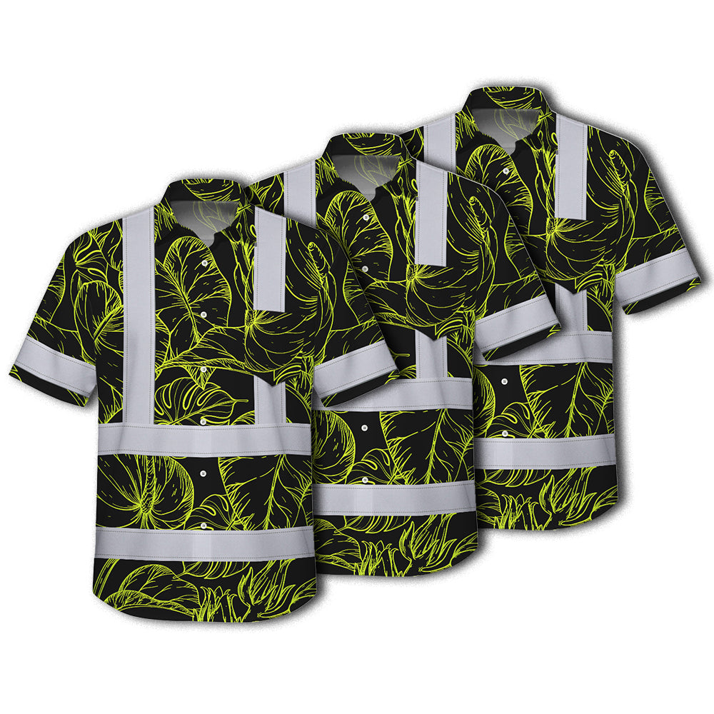 Choose Pack Hi Vis Hawaiian Shirt Reflective Tapes Lime Neon Flowers Custom Name Safety Workwear For Workers, Truckers, Operators