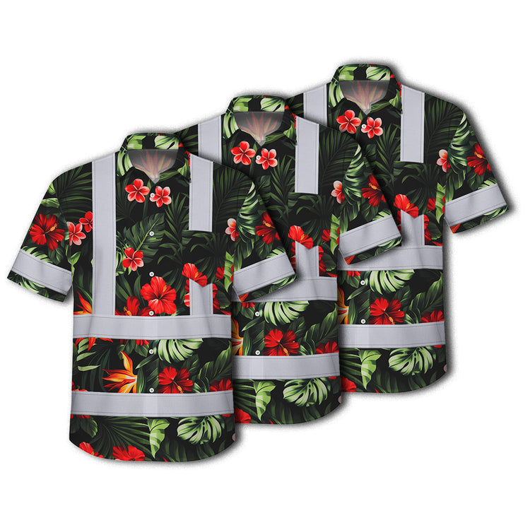 Red Neon Flowers Hi-Vis Hawaiian Shirt