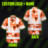 Hi Vis Hawaiian Shirt Reflective Tapes Orange Neon And White Flowers Custom Name And Logo Safety Workwear For Workers, Truckers, Operators, Company