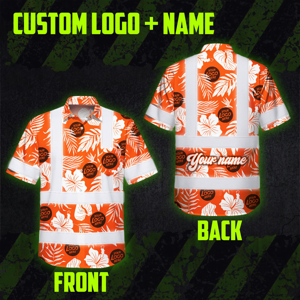 Hi Vis Hawaiian Shirt Reflective Tapes Orange Neon And White Flowers Custom Name And Logo Safety Workwear For Workers, Truckers, Operators, Company
