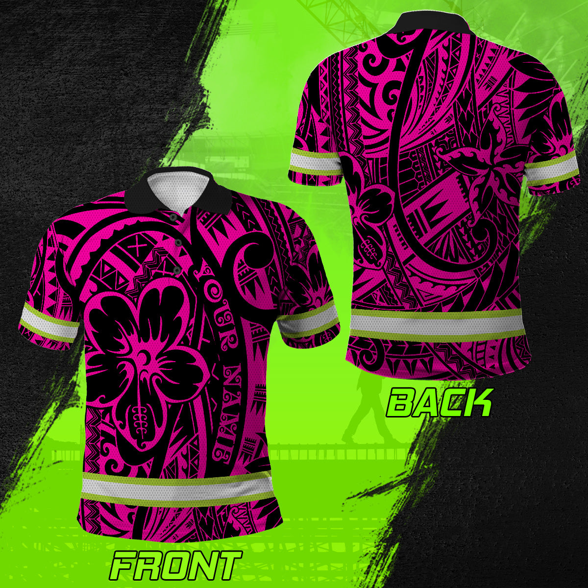 Hi Vis Polo Shirt Reflective Tapes Pink Flower Hawaiian Polynesian Tribal Custom Name Safety Workwear For Workers, Runners, Cyclists