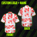 Hi Vis Hawaiian Shirt Reflective Tapes Red And White Flowers 2 Custom Name And Logo Safety Workwear For Workers, Truckers, Operators, Company