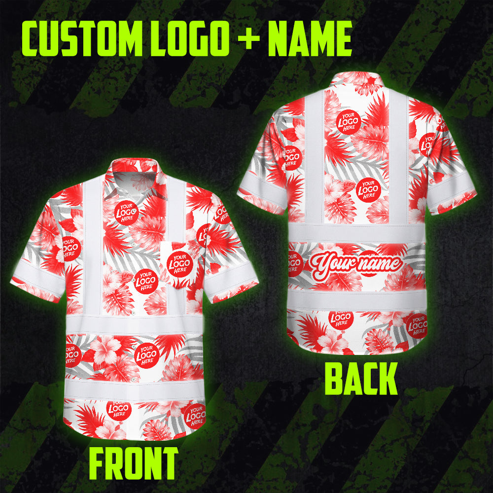 Hi Vis Hawaiian Shirt Reflective Tapes Red And White Flowers 2 Custom Name And Logo Safety Workwear For Workers, Truckers, Operators, Company