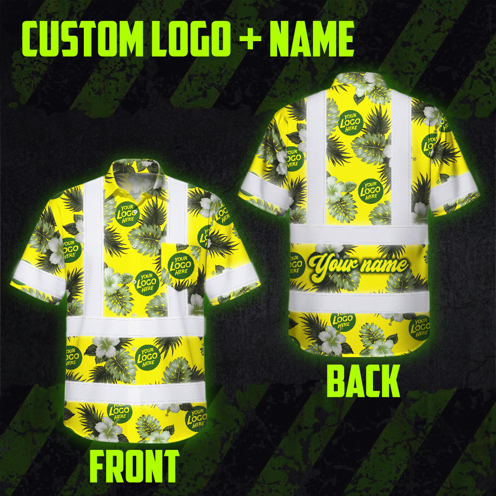 Hi Vis Hawaiian Shirt Reflective Tapes Green Yellow Flowers Custom Name And Logo Safety Workwear For Workers, Truckers, Operators, Company