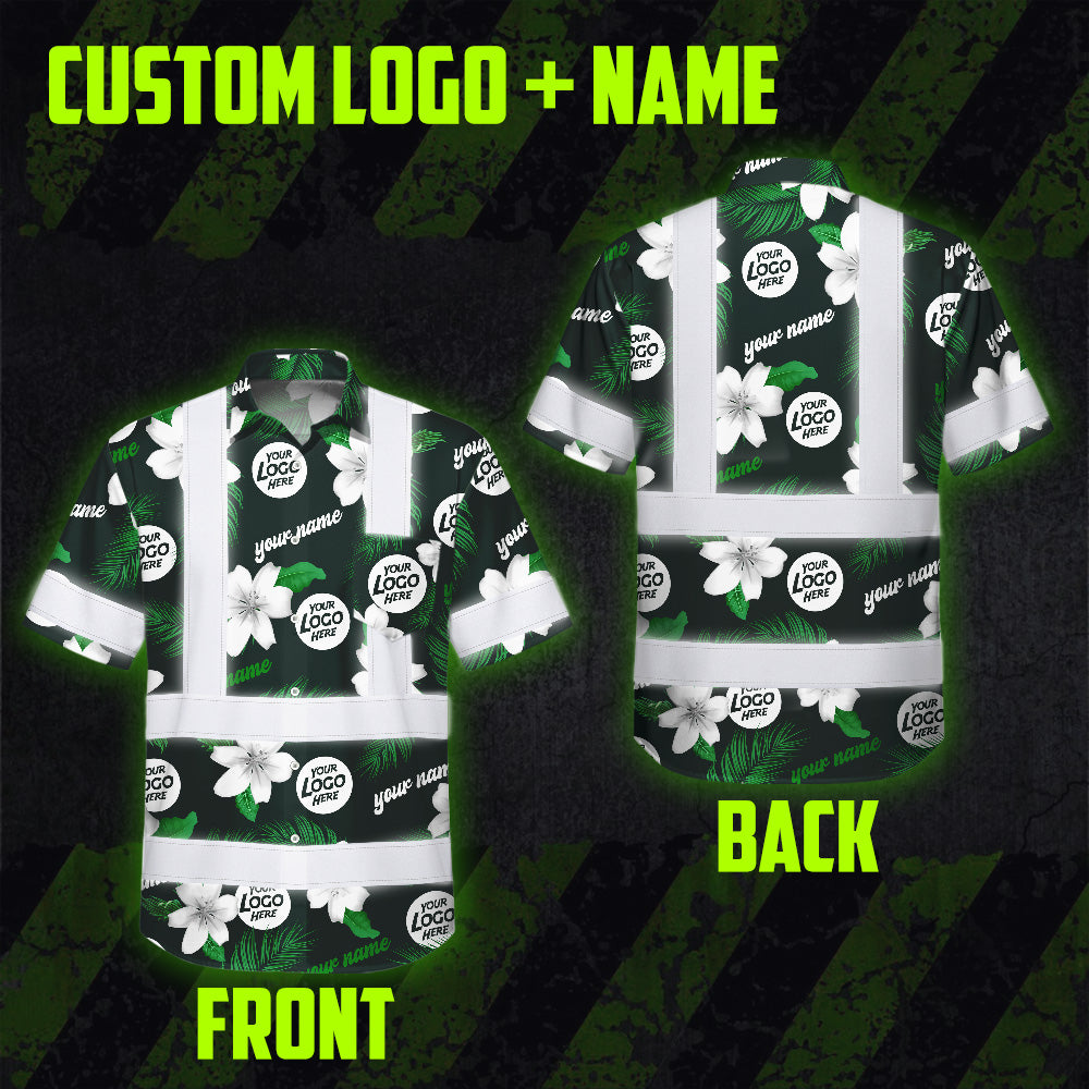 Hi Vis Hawaiian Shirt Reflective Tapes Green White Flowers Custom Name And Logo Safety Workwear For Workers, Truckers, Operators, Company