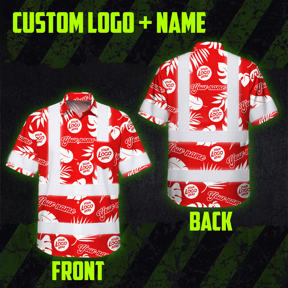 Hi Vis Hawaiian Shirt Reflective Tapes Red White Custom Name And Logo Safety Workwear For Workers, Truckers, Operators, Company