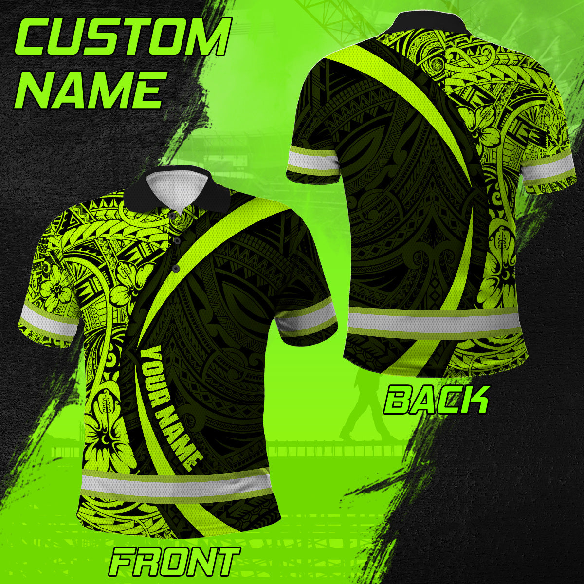 Hi Vis Polo Shirt Tapes Hawaiian Polynesian Tribal Custom Name Safety Workwear