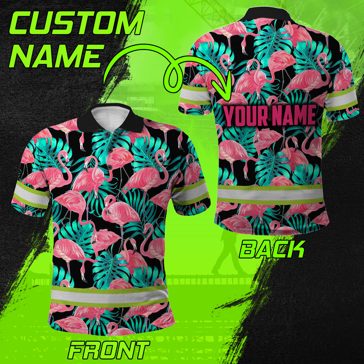 Hi Vis Polo Shirts Reflective Tapes Pink Flamingo Flower Hawaiian Custom Name Safety Workwear
