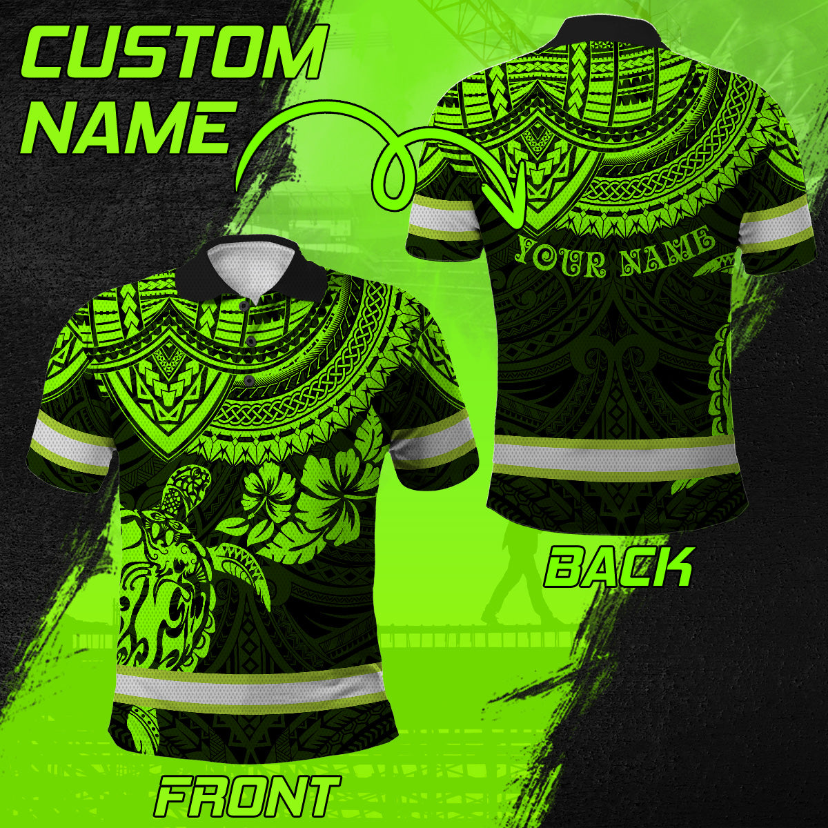 Hi Vis Polo Shirts Reflective Tapes Green Turtle Flower Hawaiian Polynesian Tribal Custom Name Safety Workwear For Workers, Runners, Cyclists