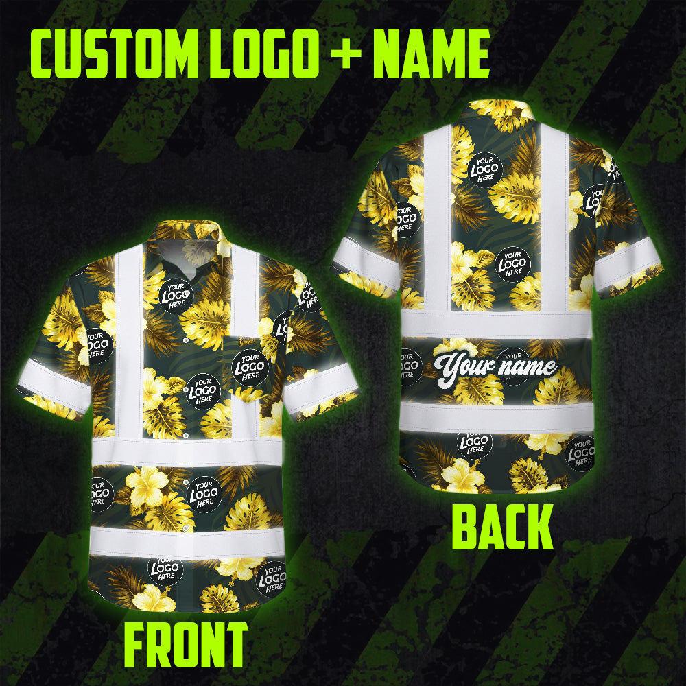 Hi Vis Hawaiian Shirt Reflective Tapes Yellow And Black Flowers Custom Name And Logo Safety Workwear For Workers, Truckers, Operators, Company