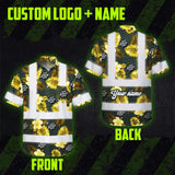 Hi Vis Hawaiian Shirt Reflective Tapes Yellow And Black Flowers Custom Name And Logo Safety Workwear For Workers, Truckers, Operators, Company