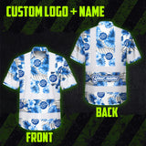Hi Vis Hawaiian Shirt Reflective Tapes Blue And White Flowers 2 Custom Name And Logo Safety Workwear For Workers, Truckers, Operators, Company