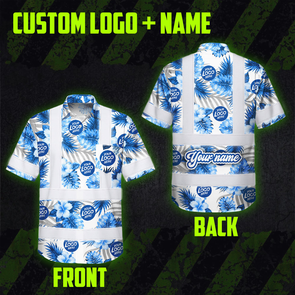 Hi Vis Hawaiian Shirt Reflective Tapes Blue And White Flowers 2 Custom Name And Logo Safety Workwear For Workers, Truckers, Operators, Company