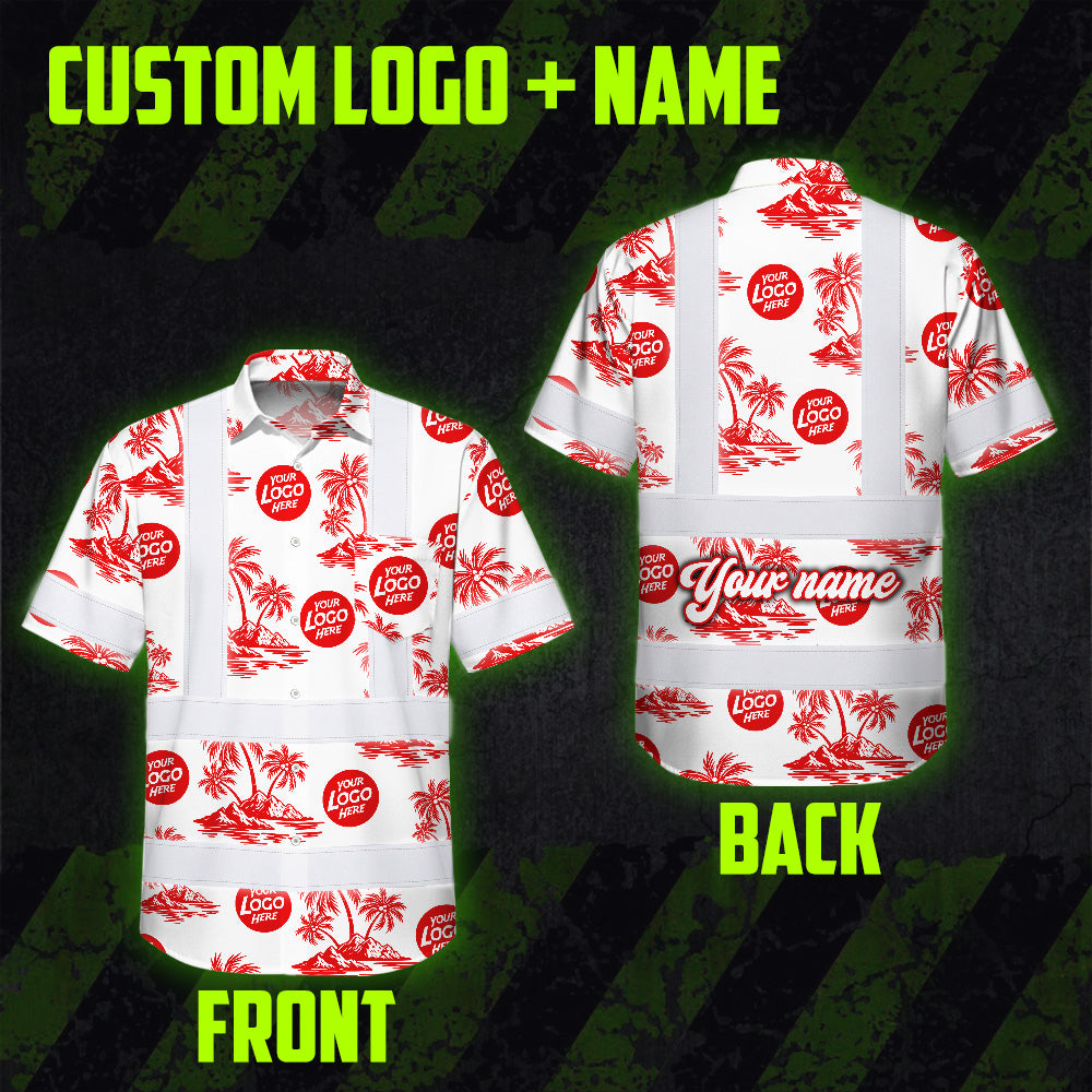 Hi Vis Hawaiian Shirt Reflective Tapes Dark Red And Flowers Custom Name And Logo Safety Workwear For Workers, Truckers, Operators, Company