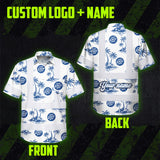 Hi Vis Hawaiian Shirt Reflective Tapes Dark Blue And White Flowers Custom Name And Logo Safety Workwear For Workers, Truckers, Operators, Company