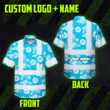 Hi Vis Hawaiian Shirt Reflective Tapes Blue Neon And White Flowers Custom Name And Logo Safety Workwear For Workers, Truckers, Operators, Company