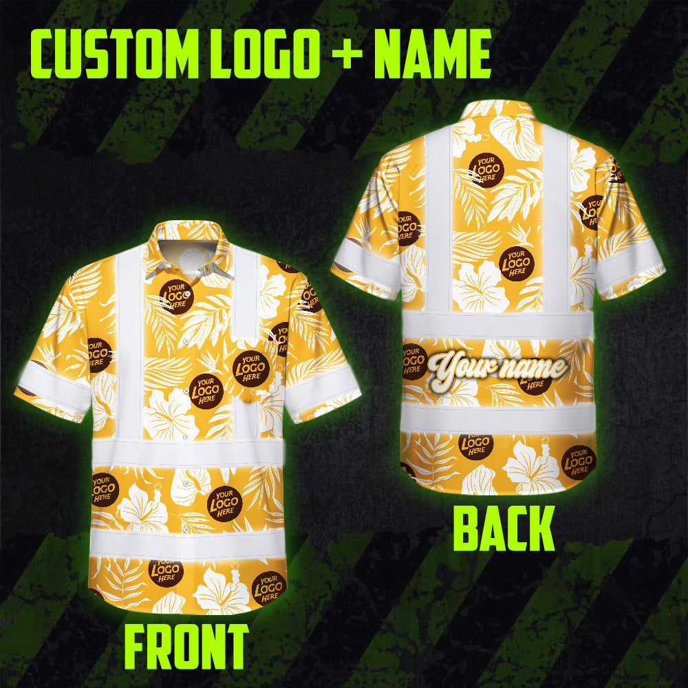 Hi Vis Hawaiian Shirt Reflective Tapes Yellow Neon And White Flowers Custom Name And Logo Safety Workwear For Workers, Truckers, Operators, Company