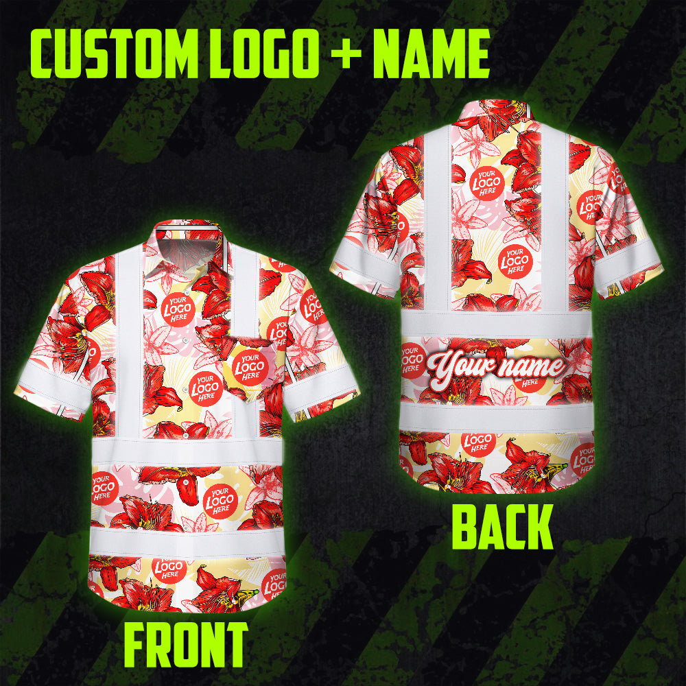Hi Vis Hawaiian Shirt Reflective Tapes Red Pink Neon And White Flowers Custom Name And Logo Safety Workwear For Workers, Truckers, Operators, Company