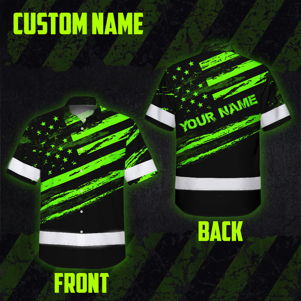 Custom Name Reflective Hi Vis Hawaiian Shirt - US Flag Patriotic Safety Workwear