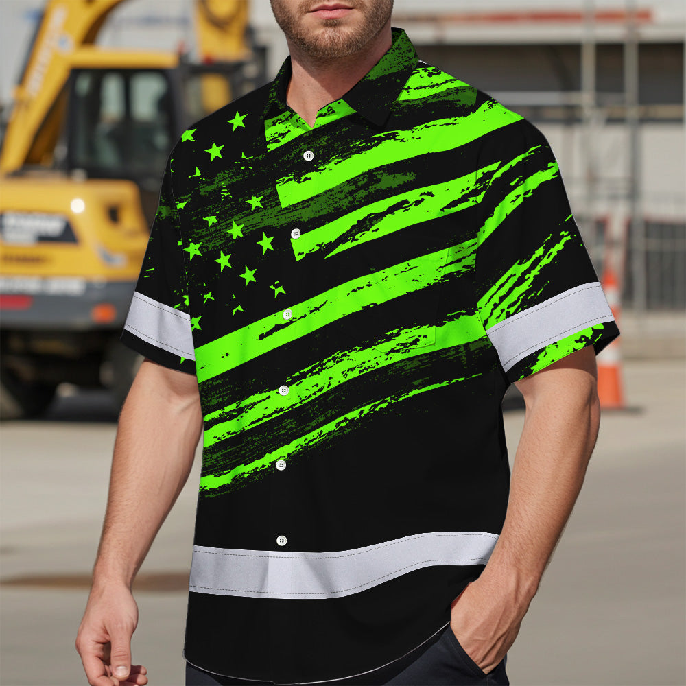 Custom Name Reflective Hi Vis Hawaiian Shirt - US Flag Patriotic Safety Workwear