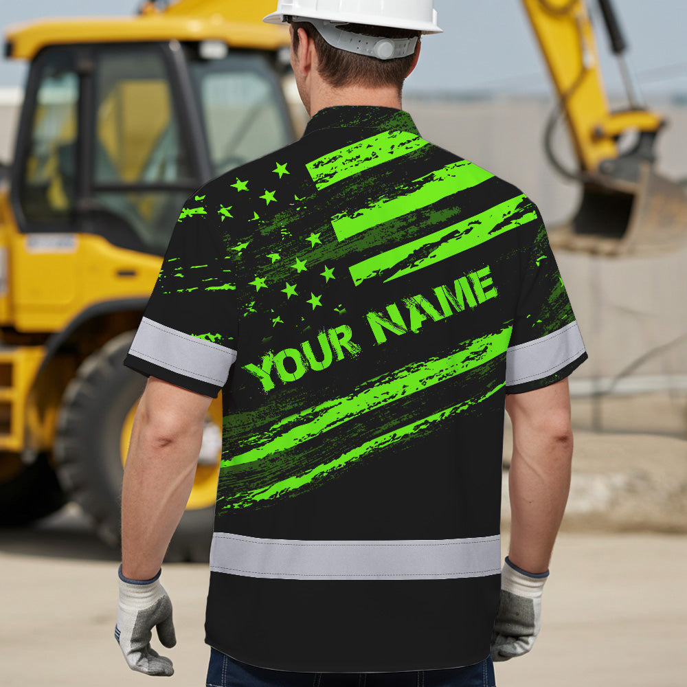 Custom Name Reflective Hi Vis Hawaiian Shirt - US Flag Patriotic Safety Workwear