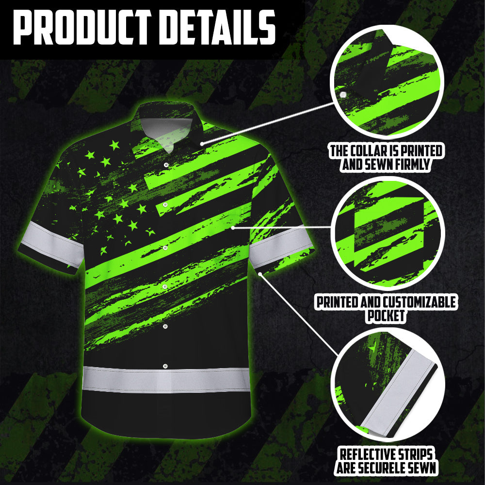 Custom Name Reflective Hi Vis Hawaiian Shirt - US Flag Patriotic Safety Workwear