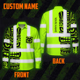 Hi Vis Hawaiian Long Sleeve Shirt Reflective Tapes TiKi Hawaiian Polynesian Tribal Custom Name Safety Workwear For Workers, Truckers, Operators