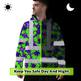 Hi Vis Hoodie Reflective Tapes Green Neon And Violet Flowers Custom Name Safety Workwear For Workers, Truckers, Operators