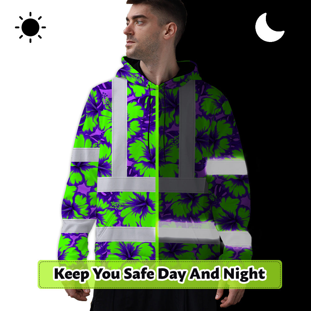 Hi Vis Hoodie Reflective Tapes Green Neon And Violet Flowers Custom Name Safety Workwear For Workers, Truckers, Operators