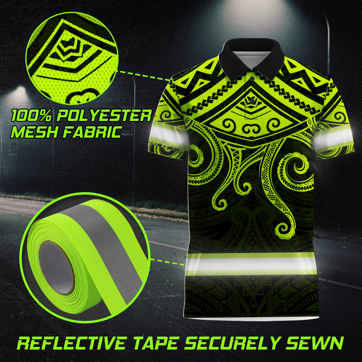 Hi Vis Polo Shirts Reflective Tapes Octopus Hawaiian Polynesian Tribal Custom