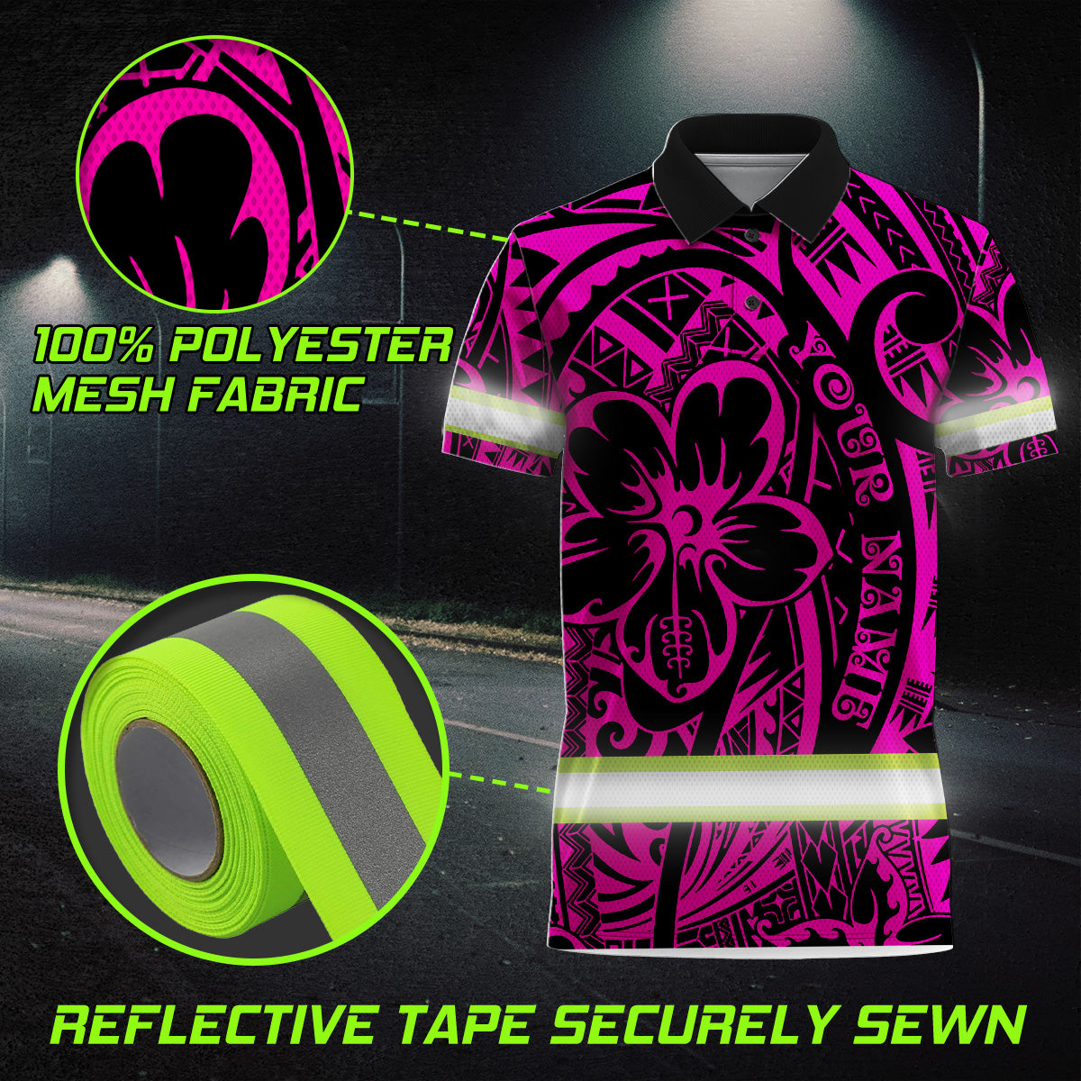 Hi Vis Polo Shirt Reflective Tapes Pink Flower Hawaiian Polynesian Tribal Custom Name Safety Workwear For Workers, Runners, Cyclists