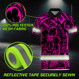 Hi Vis Polo Shirt Reflective Tapes Pink Flower Hawaiian Polynesian Tribal Custom Name Safety Workwear For Workers, Runners, Cyclists